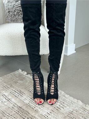 Gorgeous Wild Diva Black Peep toe Lace-Up Over-the-Knee Boots❤️8.5